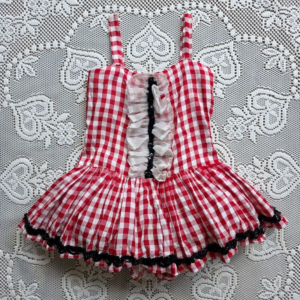 VTG 70s Girls Pageant Dress (Costumes By Andrade) Red White Check Sequins Sz 5T